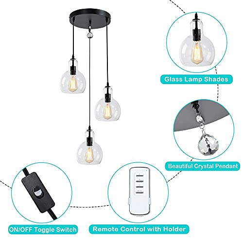 HMVPL Plug in Glass Pendant Light Fixture Remote Control 3-Lights Chandelier with 16 Ft Hanging Cord and ON/Off Toggle Switch, R
