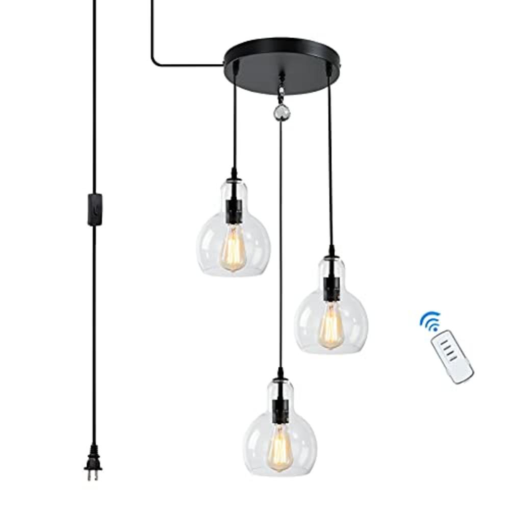 HMVPL Plug in Glass Pendant Light Fixture Remote Control 3-Lights Chandelier with 16 Ft Hanging Cord and ON/Off Toggle Switch, R