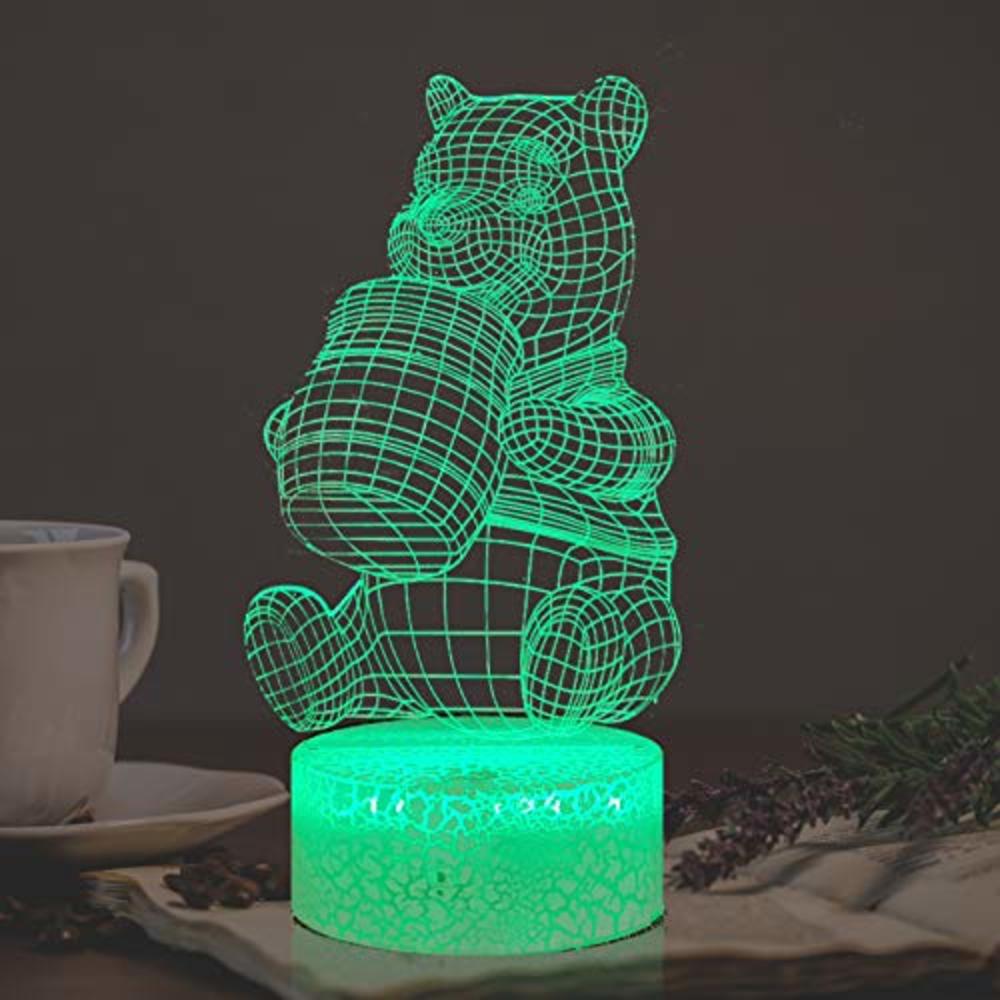 Jinlycoo Winnie Pooh Night Light for Girl Teddy Honey Bear Cartoon 3D Optical 7 Color Change Decor Room Baby Sleep Mood LED Table Lamp Ho