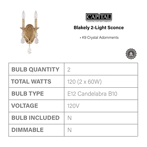 Capital Lighting 1617AG-CR Blakely K9 Crystal Wall Sconce, 2-Light 120 Total Watts, 16"H x 7"W, Antique Gold