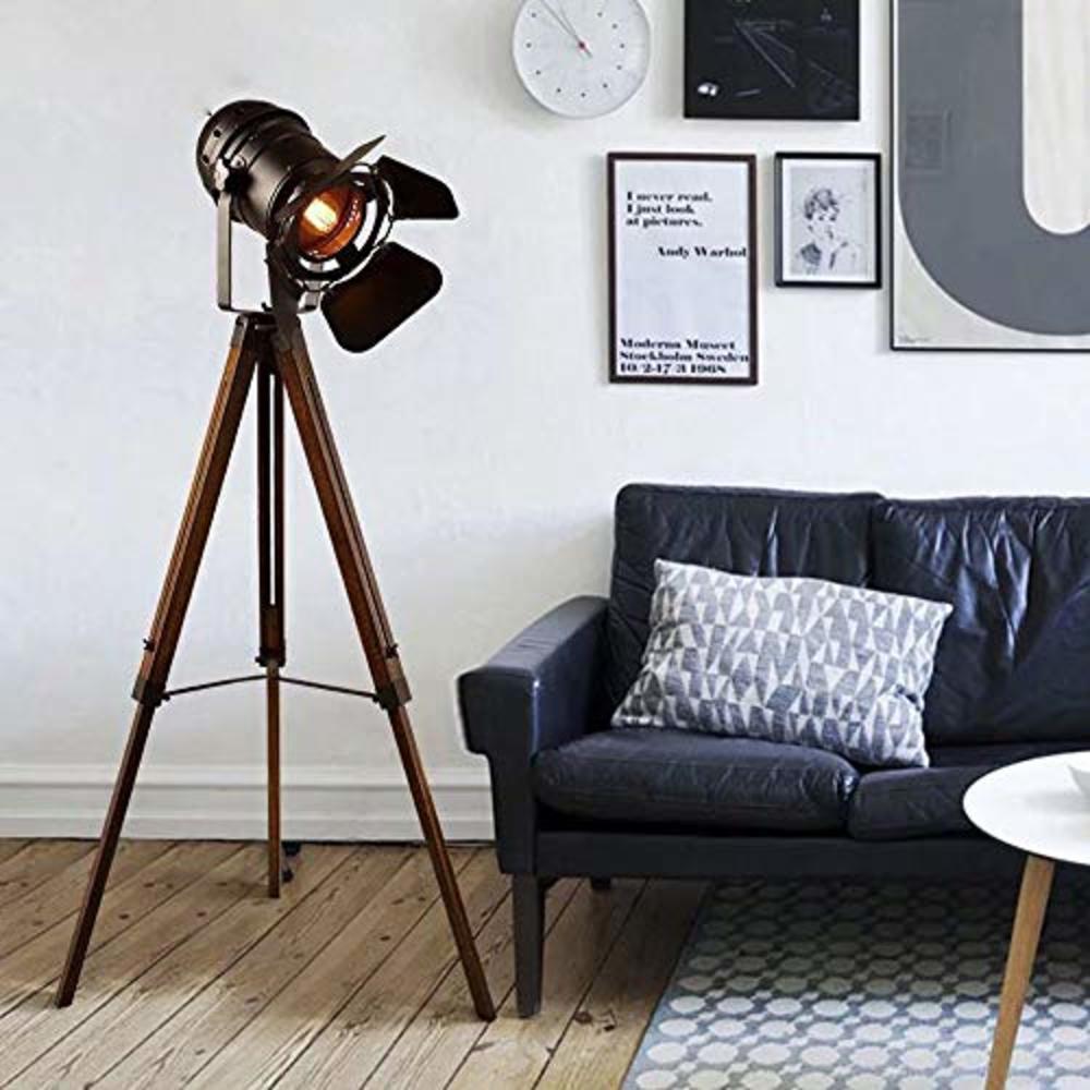 Retro Home Vintage Black Wood Tripod Floor Lamp for Living Room, Modern Industrial Metal Nautical Cinema e26 Standing Corner Searchlight - 