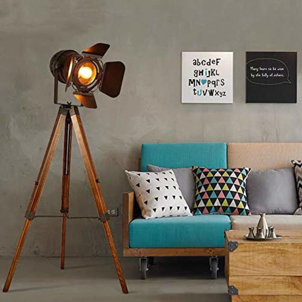 Retro Home Vintage Black Wood Tripod Floor Lamp for Living Room, Modern Industrial Metal Nautical Cinema e26 Standing Corner Searchlight - 