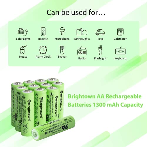 Brightown NiMH Rechargeable AA Battery High Capacity 1.2V Pre Charged Double A Battery for Solar Lights, Battery String Lights, TV Remotes