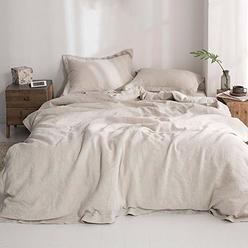 Simple&Opulence 100% Washed Linen Duvet Cover Set with Embroidered,King Size(104"x92"),3 Pieces Soft Farmhouse Comforter Set wit