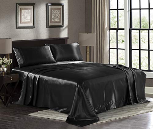 PURE BEDDING Satin Sheets King [4-Piece, Black] Hotel Luxury Silky Bed Sheets - Extra Soft 1800 Microfiber Sheet Set, Wrinkle, Fade, Stain Re