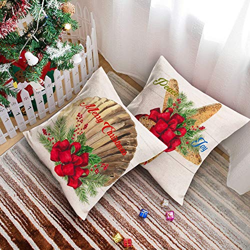 Asminifor 4Set Xmas Christmas Home Decor Throw Pillow Covers Ocean Starfish Beach Scallop Conch Red Mistletoe Holly Merry Christ