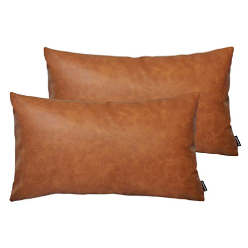 HOMFINER Set of 2 Thick Faux Leather Lumbar Throw Pillow Covers 12x20, Modern Farmhouse Boho Small Long Accent Scandinavian Deco