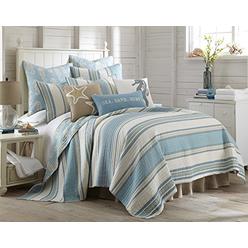 Levtex Home Blue Maui Quilt Set, King Quilt + Two King Pillow Shams, Striped Coastal Design in Light Blue, Cream and Tan, Quilt 