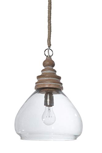 Creative Co-Op Glass and Mango Wood Ceiling Pendant Light, 11" Round by 15" Height, Brown