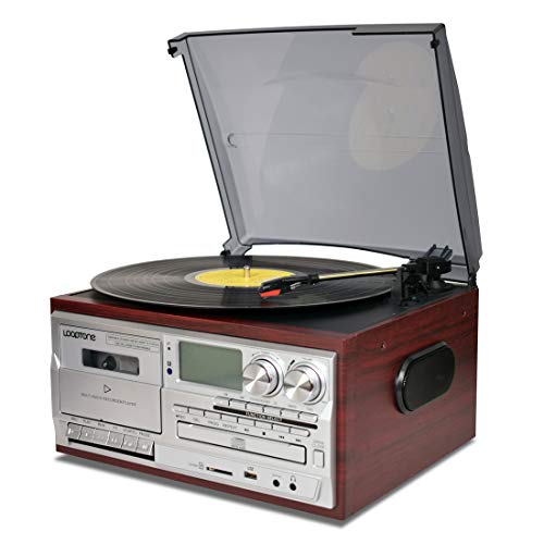 LoopTone Vinyl Record Player 9 in 1 3 Speed Bluetooth Vintage Turntable CD Cassette Player AM/FM Radio USB Recorder Aux-in RCA L