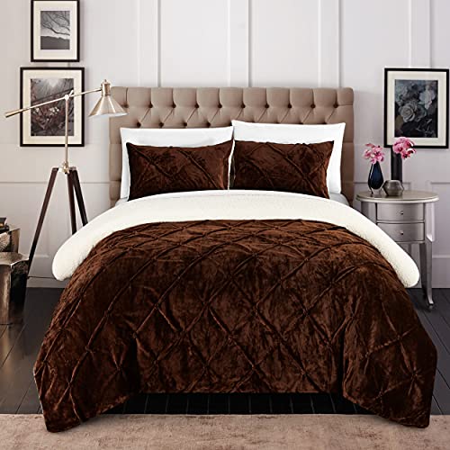 Chic Home CS5116-AN 3Piece Josepha Pinch Pleated Ruffled & Pin Tuck Sherpa Lined Bed in A Bag Comforter Set Brown, King