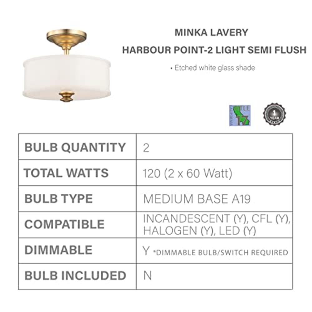 Minka Lavery 4172-249 Harbour Point Semi Flush Mount Ceiling Light, 2-Light, 120 Watts, Liberty Gold (14"W x 11"H)