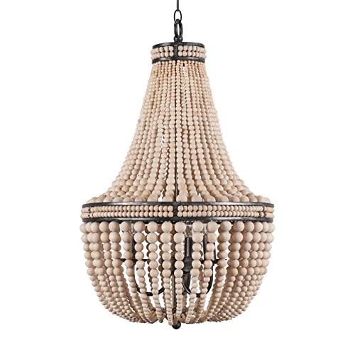 DOCHEER Farmhouse Wood Beaded Chandelier Ceiling Pendant 3-Light Fixture Wooden Bead and Metal Chandeliers Hanging Lighting Home Decor L