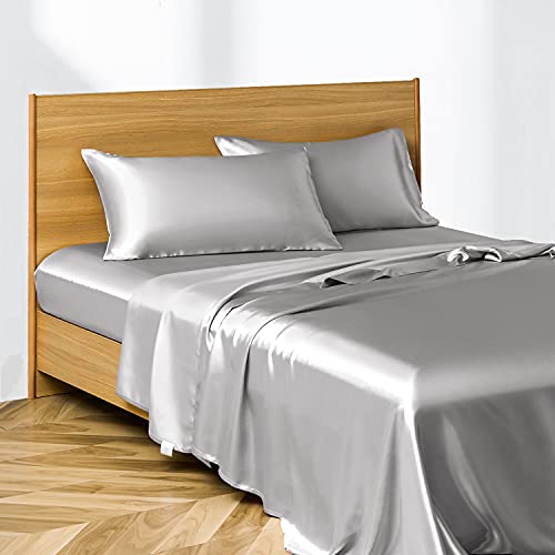 Candoury Satin Silk Sheets Full Size Bed Sheets Set 4 Pcs, Soft and Durable Pillowcase, Flat Sheet and Fitted Sheet, Hotel Luxur