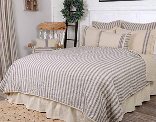 Piper Classics Market Place Blue Ticking Stripe Quilt, King, 95" x 105", Blue & Natural Cream Quilted Country Farmhouse Bedding