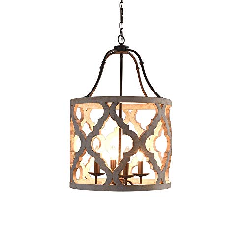 Jiuzhuo Vintage Distressed White Carved Wood 4-Light Lantern Farmhouse Chandelier Lighting Hanging Ceiling Fixture in Rust