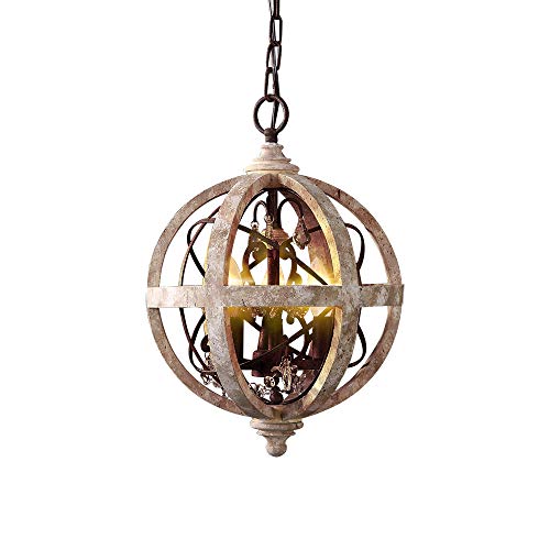 KunMai Rustic Retro Weathered Wooden Globe Metal Orb Crystal 3-Light Chandelier Candle Style Pendant Light for Kitchen Island En