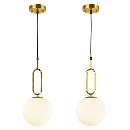 BAODEN 1 Lights Modern Globe Pendant Light Fixture Set of 2 Mid Century Chandelier Brushed Brass Finished with White Globe Glass