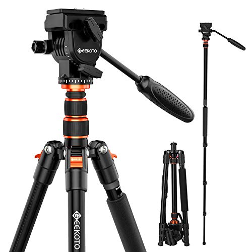 GEEKOTO Video Tripod Fluid Head,Professional Camera Tripod for DSLR,Monopod Aluminum 77" for Video Camcorder Canon Nikon Sony wi