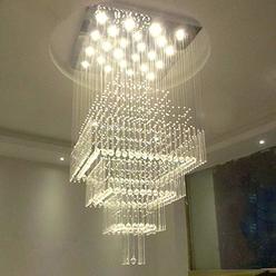SILJOY Modern Square Raindrop Crystal Chandelier Large Flush Mount Ceiling Light Fixture for High Ceilings Staircase Foyer W31.5