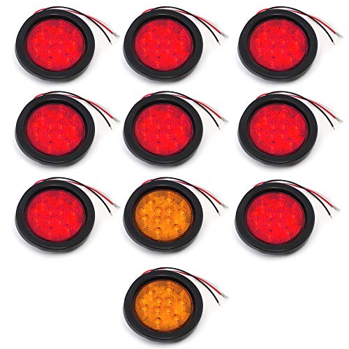 Red Hound Auto 4 Inches Round 8 Red & 2 Amber 10 LED Stop Turn Tail Light Brake Flush Truck Trailer