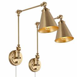 WINGBO Gold Swing Arm Wall Lamp Set of 2, Modern Adjustable Wall Mounted Sconce, Warm Brass Finish