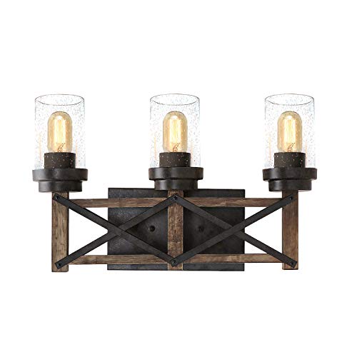 Eumyviv Industrial 3 Lights Bathroom Vanity Light with Seeded Shades, 18.9"L Distressed Wood Farmhouse Rustic Wall Sconces Vinta