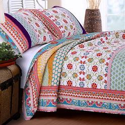 Finely Stitched Quilt Set 100 Cotton 3 Piece with Shams Full/Queen Reversible Retro Bohemian Style Printed with Flowers Mandala Medallion Geomet