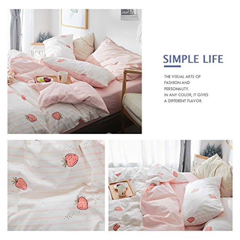 AOJIM 100% Cotton Women Girl Duvet Cover Cute Quilt Cover Kawaii Strawberry Bedding Set 3 PCS- One Queen Comfy Duvet Cover with 