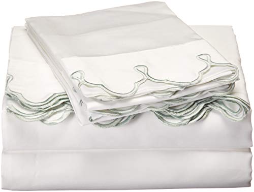 Belle Epoque Traditional Scalloped Embroidered Sheet Set Full Green, White/Gree, 4 Piece