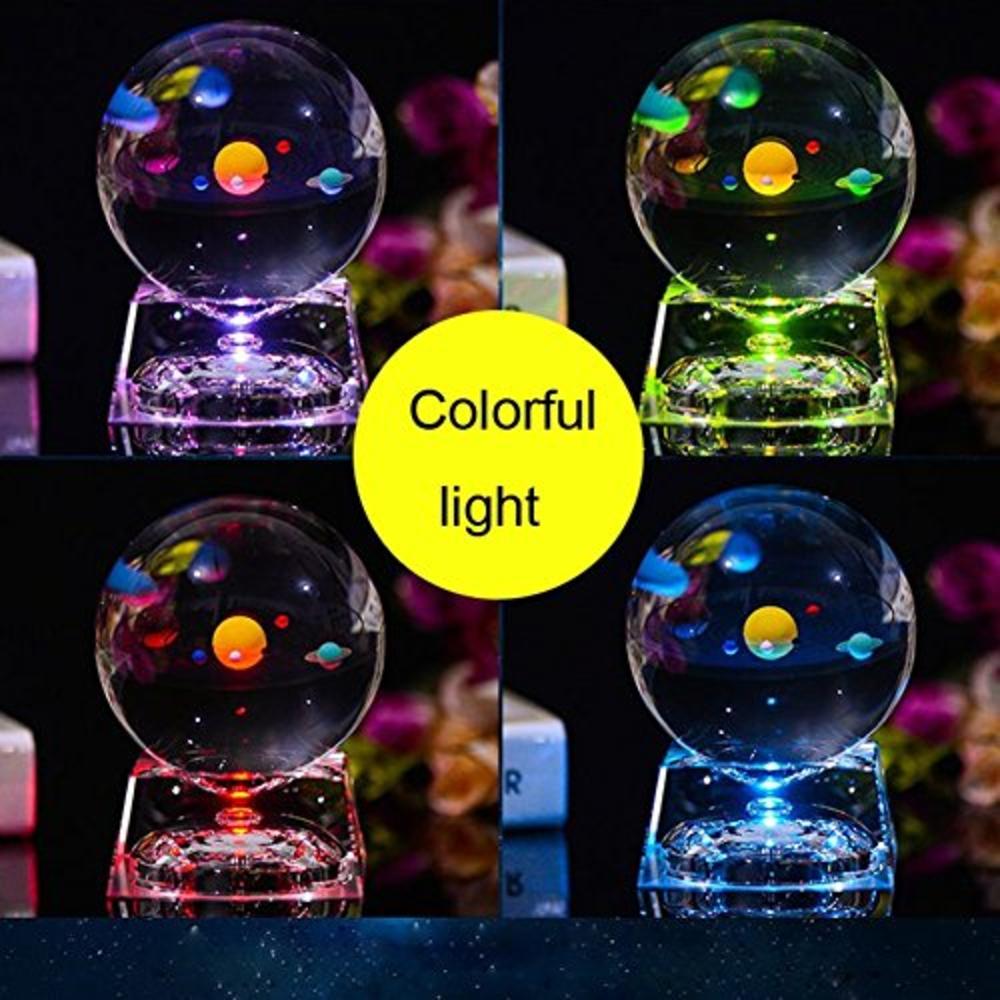 FTYtek 3D Crystal Ball with Solar System Model and LED lamp Base, Clear 80mm (3.15 inch) Solar System Crystal Ball, Best Birthday Gift 