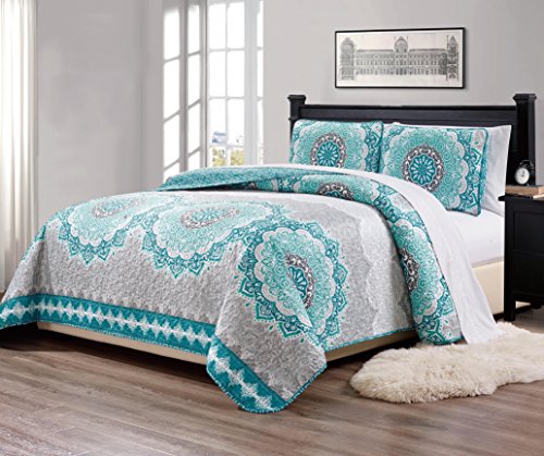 Linen Plus Full Queen 3pc Over Size Quilted Bedspread Fl Medallion Turquoise Teal Aqua Coastal Plain Gray Green New Linen Plus Full Queen 3pc Over Size, Sears King Size Bedspreads