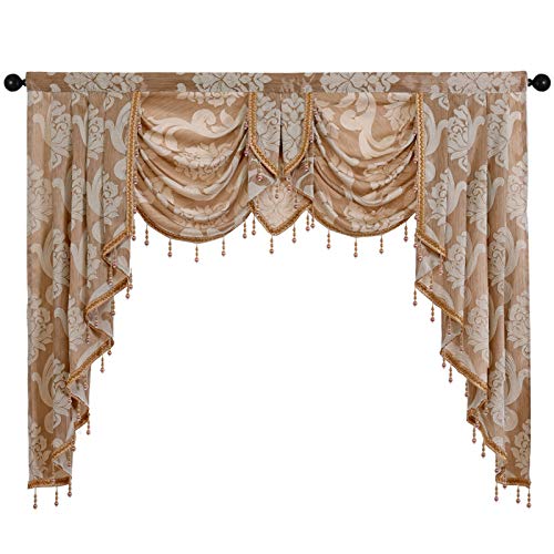 NAPEARL Waterfall Valance for Windows-Damask Valance for Living Room with Beads, Jacquard Swag Curtain Valance for Windows ( 1 B