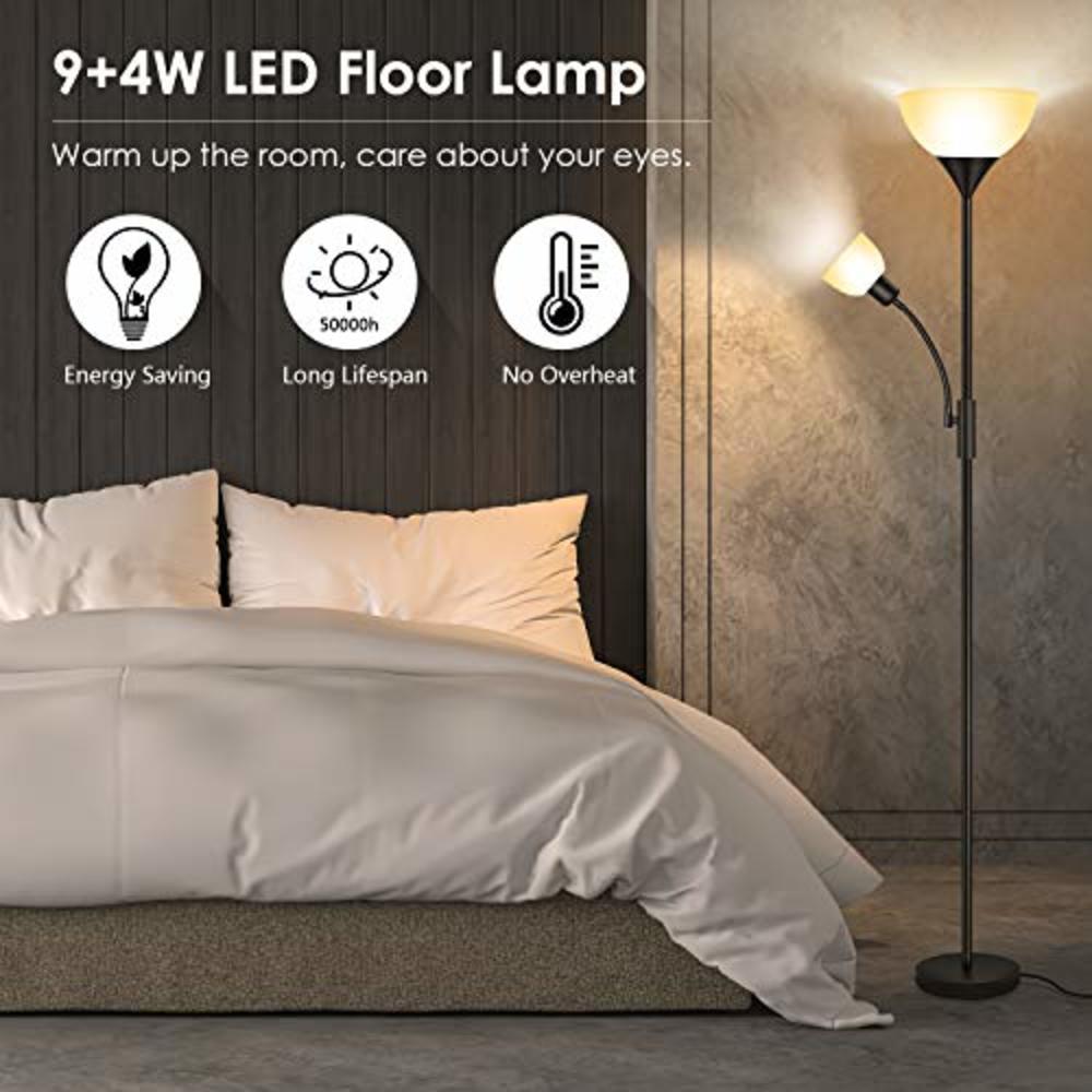 BoostArea Floor Lamp, Standing Lamp, 9W LED Torchiere Floor Lamp with 4W Adjustable Reading Lamp, 3000K Energy-Saving LED Bulbs,