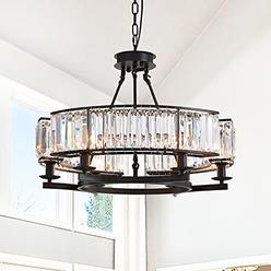 NOXARTE Round Crystal Chandelier Black Ceiling Pendant Lighting Fixture for Dining Room Farmhouse
