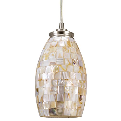 Kira Home Coast 9" Modern Oval Mini Pendant Light + Hand-Crafted Mosaic Sea Shell Glass, Brushed Nickel Finish/Neutral Color