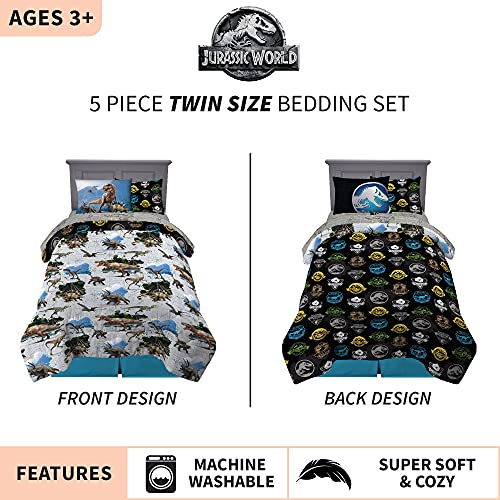 Franco Kids Bedding Super Soft Comforter and Sheet Set with Sham, 5 Piece Twin Size, Jurassic World,6A1348
