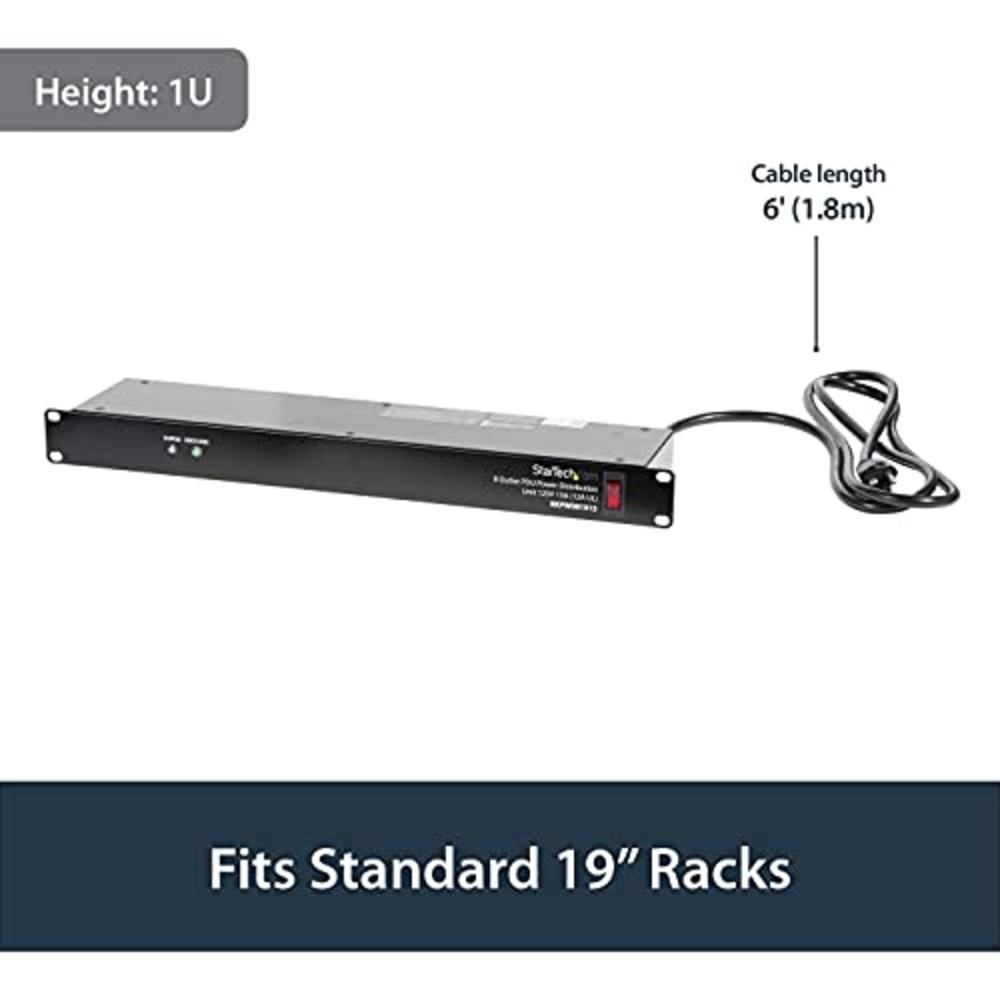 StarTech.com 8 Outlet Horizontal 1U Rack Mount PDU Power Strip for Network Server Racks - Surge Protection - 120V/15A - with 6 F