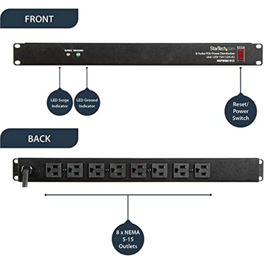 StarTech.com 8 Outlet Horizontal 1U Rack Mount PDU Power Strip for Network Server Racks - Surge Protection - 120V/15A - with 6 F