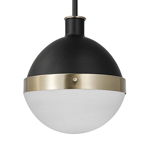Globe Electric 65773 Bari 1-Light Pendant, Black, Matte Finish, Brass Accents, Half Opal Glass Shade, 0