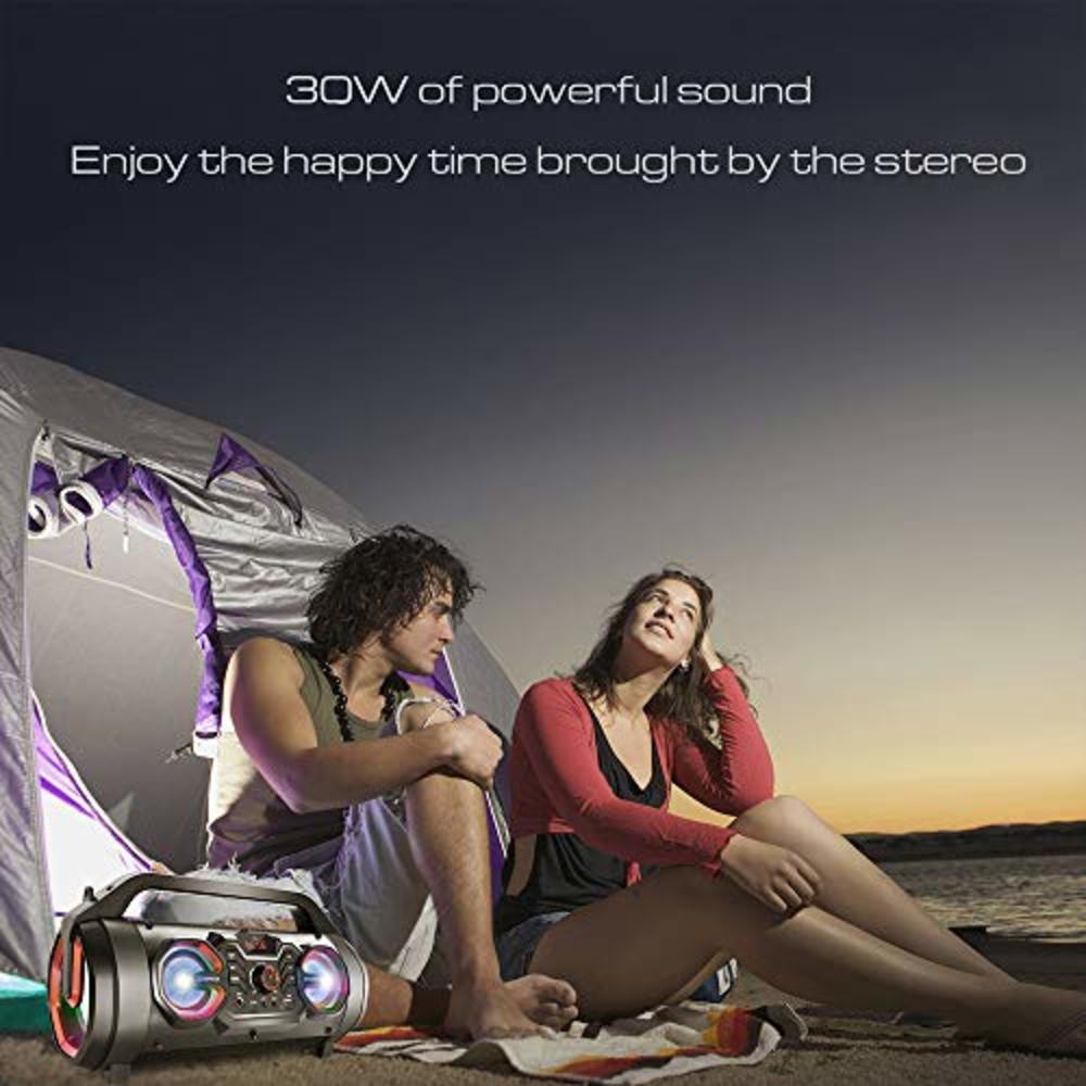 TENMIYA Portable Bluetooth Speakers, 30W Loud Outdoor Speakers with Subwoofer, FM Radio, RGB Colorful Lights, EQ, Stereo Sound, 10H Play