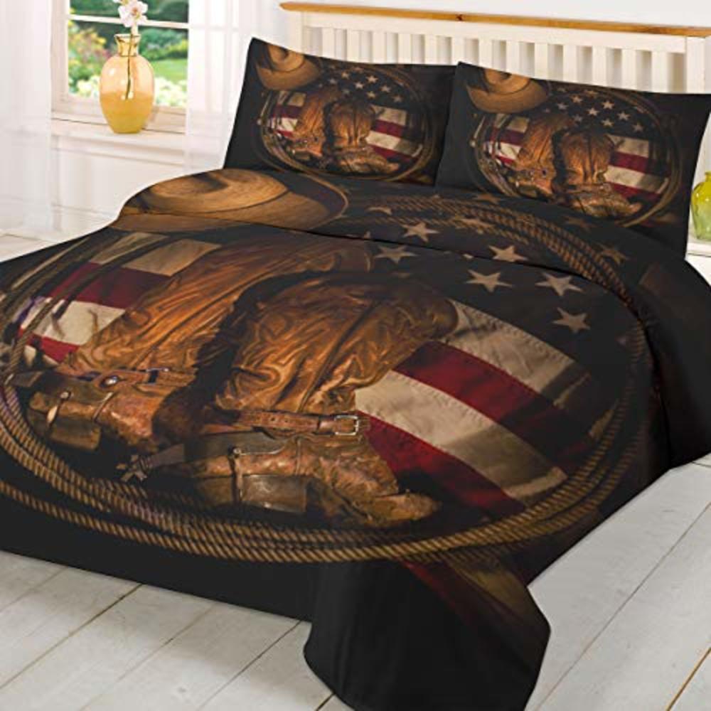 T&H Home 3 Pcs Duvet Cover Set Queen Size USA Western Bedding Set, Cowboy Hat with Boots Rope on American Flag Down Comforter Co