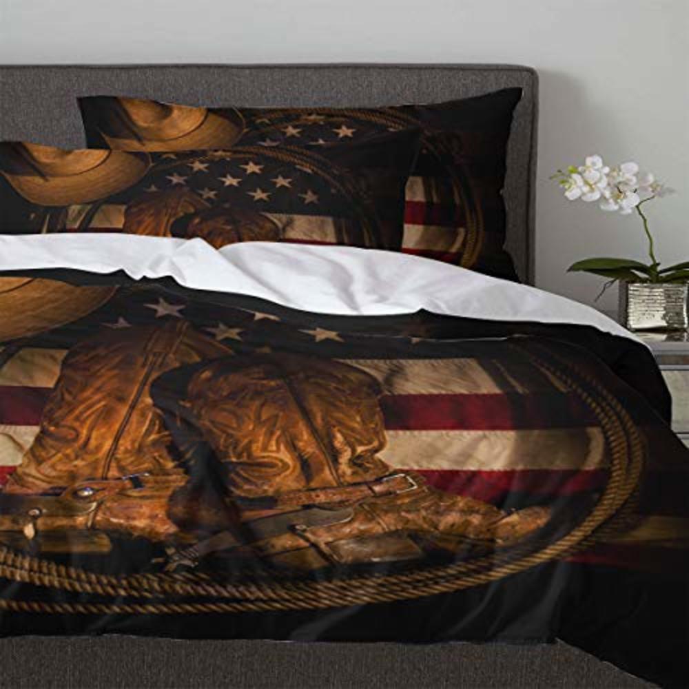 T&H Home 3 Pcs Duvet Cover Set Queen Size USA Western Bedding Set, Cowboy Hat with Boots Rope on American Flag Down Comforter Co