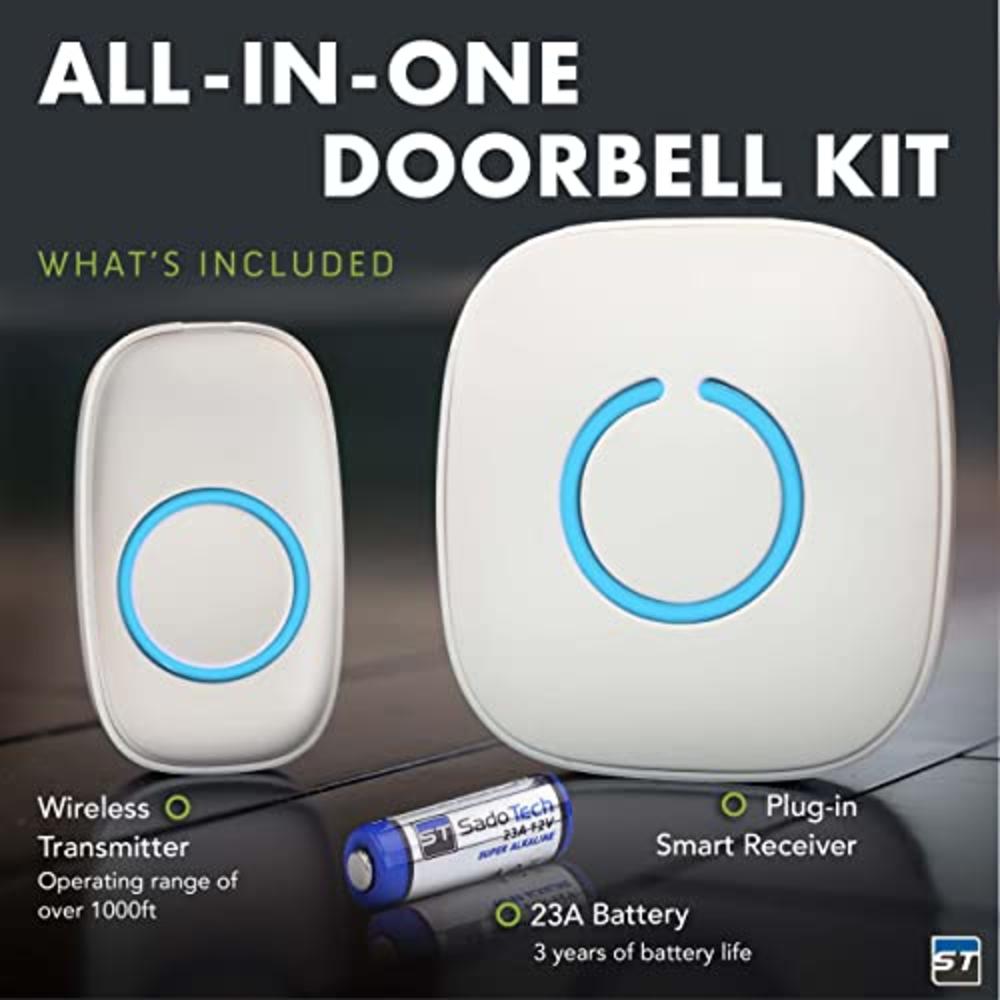 SadoTech Wireless Doorbell for Home - 2 Push-Button Ringer & 1 Chime Receiver, Battery Operated, 1000 Feet, Waterproof Door Bell