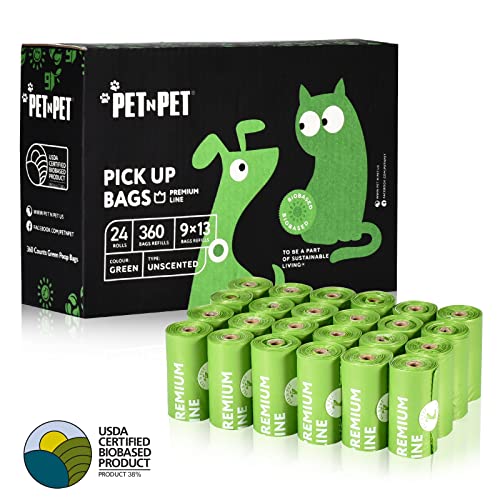 PET N PET Dog Poop Bags, USDA Certified Biobased Dog Waste Bags 360 Counts Plant Based Poop Bags 24 Refill Rolls, Unscented Leak