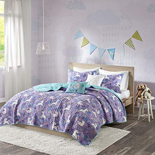 Urban Habitat Kids Lola Twin/Twin Xl Bedding For Girls Quilt Set - Purple, Aqua , Unicorns ? 4 Piece Kids Girls Quilts ? 100% Co
