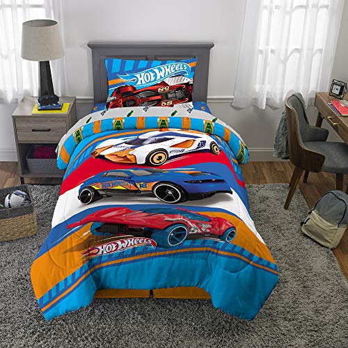 Kids Bedding Mattel Hot Wheels Cars Boys Reversible Twin Comforter, Sheets & Bonus Sham (5 Piece Bed in Bag)