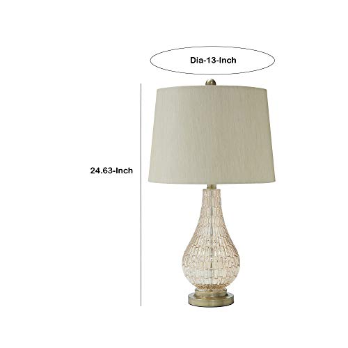 Benjara Bellied Glass Table Lamp with Fabric Drum Shade, Beige and Clear