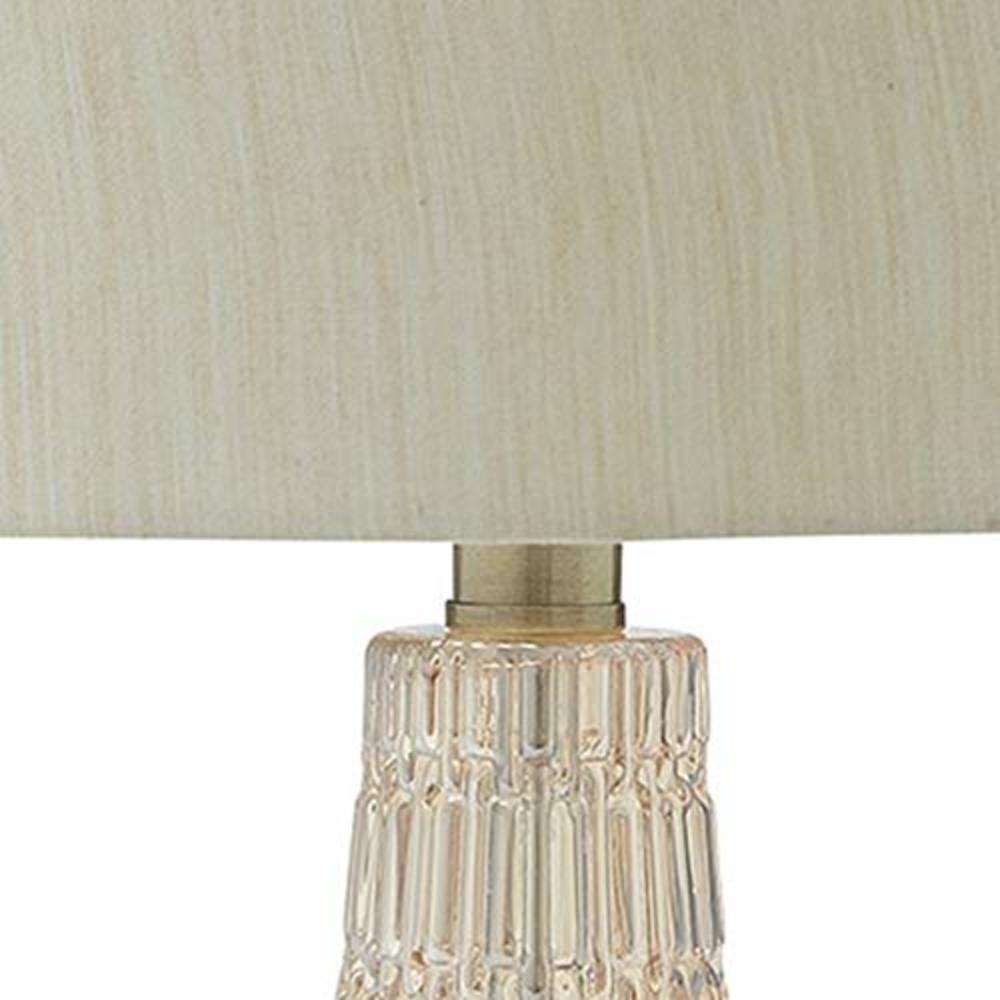 Benjara Bellied Glass Table Lamp with Fabric Drum Shade, Beige and Clear