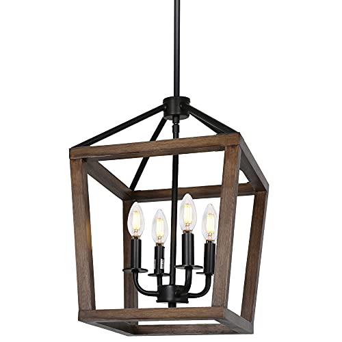 Hykolity 4-Light Rustic Chandelier, Classic Lantern Pendant Light with Oak Wood and Iron Finish, Farmhouse Lighting Fixtures for Dining R